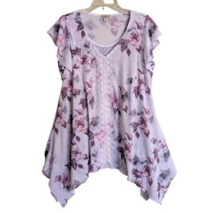 One World Romantic Floral Fairycore Y2K Blouse Tunic Asymmetrical Hem Pink Grey